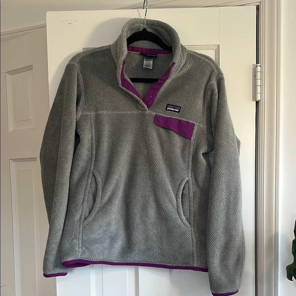 Patagonia Synchilla Quarter Zip Fleece Pullover Gray and Purple Trim Womens M